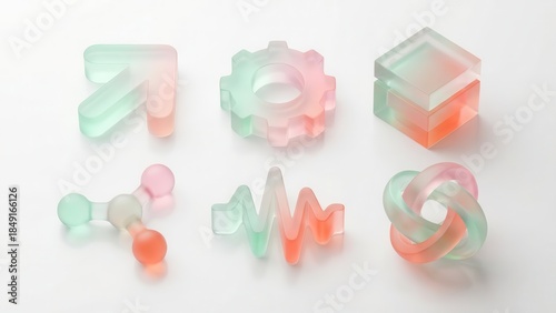 Abstract 3D shapes with pastel colors on a white background illustration