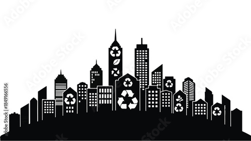 Eco friendly city skyline with recycling symbols on buildings urban environmental sustainability concept