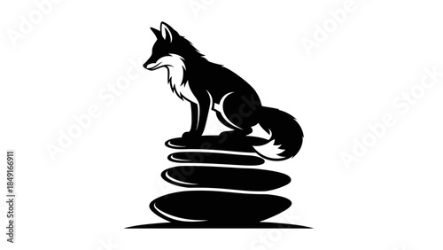 Minimalist black and white illustration of a fox sitting on stacked stones representing balance
