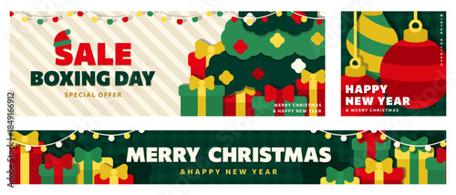 Christmas and New Year 2026 vector banner, card set with flat illustrations: Boxing Day gifts, decorated Xmas tree, snowman. Vertical posters for holiday greetings, sales designs, social media, print