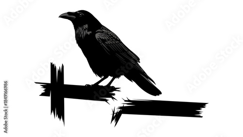 Stylized black silhouette of a crow perched on a wooden branch with minimalistic design