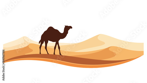 Serene Camel Silhouette Standing Amid Expansive Desert Dunes in a Minimalist Style