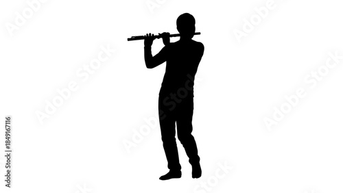 Silhouette of a person playing the flute with a relaxed stance under minimal lighting conditions