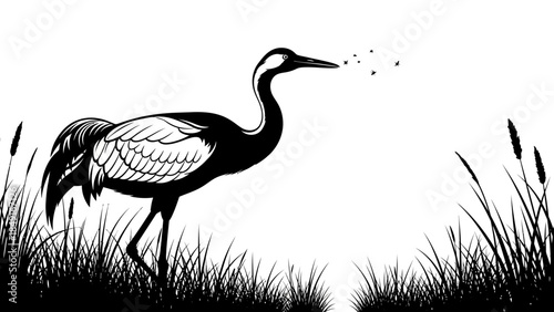 Silhouette of a heron standing in marshland as birds take flight from its beak in minimalistic