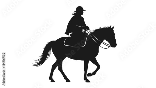 Silhouette of a horseback rider with flowing hair guiding a majestic horse in motion