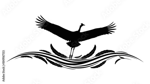 Stylized silhouette of a flying bird gracefully landing on water with artistic waves