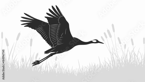 Silhouette of a soaring heron with outstretched wings over a grassy landscape in monochrome design