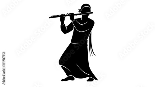 Silhouette of a traditional musician playing a flute in a minimalist style
