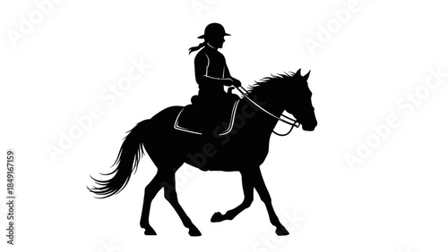 silhouette of a person riding a horse with flowing mane in motion against a white background