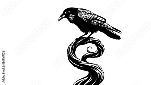 Stylized black and white illustration of a crow perched on a swirling branch with minimalist design