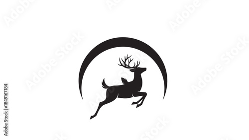 Elegant minimalistic black silhouette of a majestic jumping stag enclosed by a crescent moon