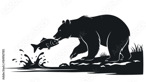 Silhouette of a bear catching a fish at the shoreline depicting wildlife scene