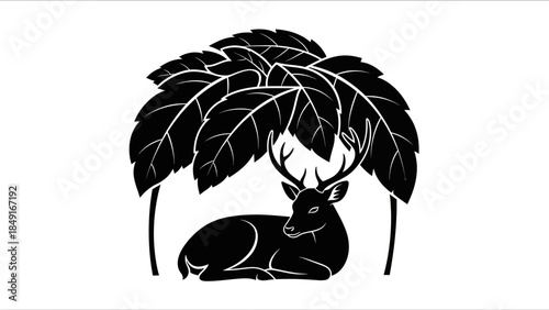 Minimalist Black and White Illustration of a Deer Resting Beneath Leafy Tree Canopy