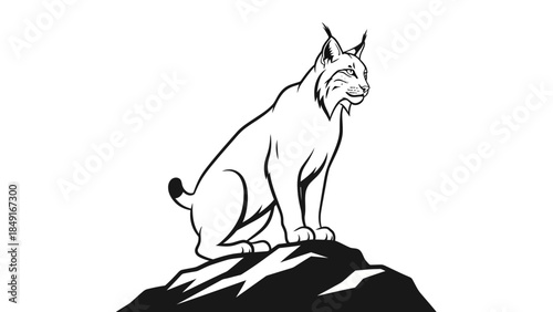 Stylized Line Drawing of a Mountain Lion or Cougar Perched on a Rocky Outcrop with Alert Posture