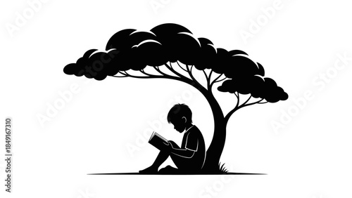 Silhouette of a child reading under a large leafy tree creating a peaceful and contemplative scene