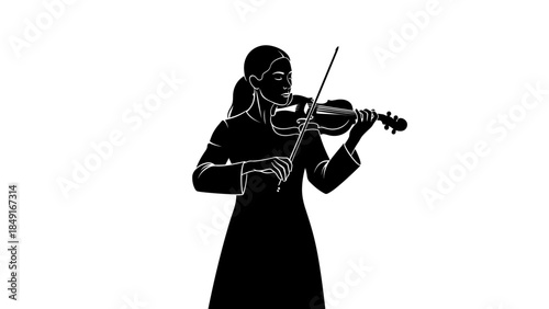 Elegant silhouette of a female violinist performing with focus and grace in monochrome style