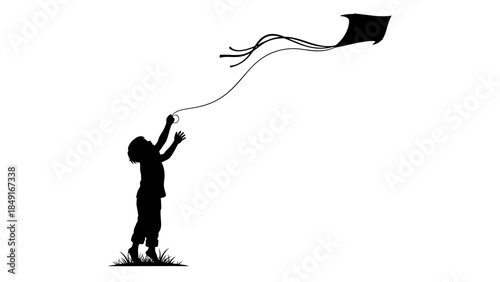 Silhouette of a Child Flying a Flying Kite on a Bright Sunny Day