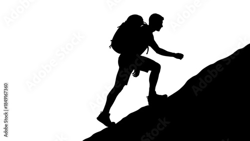 Silhouette of a hiker ascending a steep mountain trail depicting adventure and perseverance in