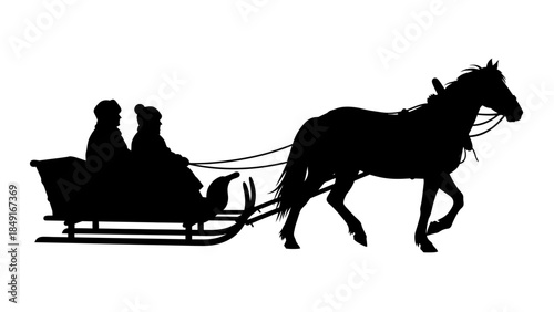 Silhouette of a horse-drawn carriage with two passengers in transit on a simple white background