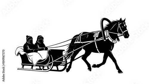 Classic horse-drawn sleigh with two passengers in winter silhouette scene
