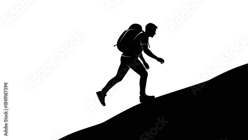Silhouette of a Mountain Climber Struggling Up a Steep Slope During Ascent