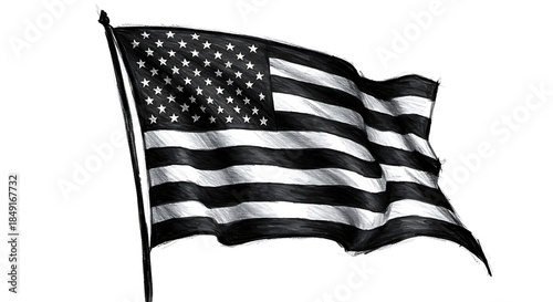 Waving American Flag in Black and White, Symbolizing Patriotism and National Identity.