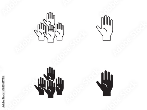 Icons of hands raised in a group and alone