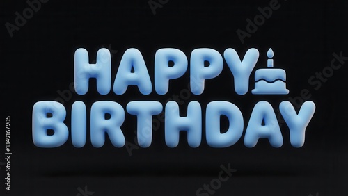 A happy birthday message reads on a dark background with cake.