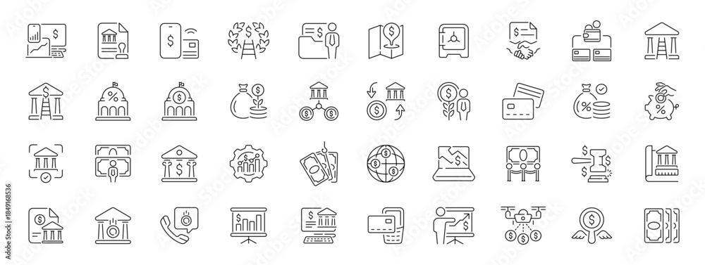 Fototapeta premium Bank and finance icons set. editable line icons, outline, business symbols collection