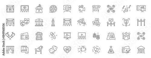 Theatre icons set: editable line icons in outline style, drama and performance symbols