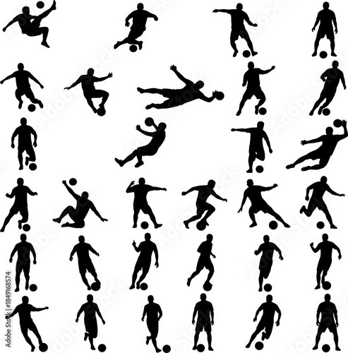 collection of soccer player silhouettes engaged in various actions including kicking passing diving and standing with ball against transparent background