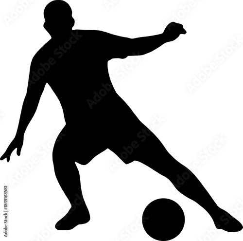 Soccer player silhouette dribbling ball with controlled movement isolated vector illustration, footballer in dynamic action pose, sport graphic element