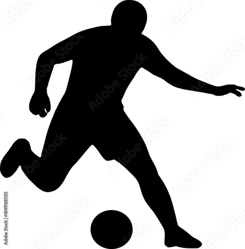 Soccer player silhouette running with ball in dynamic pose isolated vector illustration, footballer on field during training or match action, sport graphic