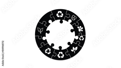 Eco friendly puzzle pieces with recycling symbols and leaves on black background, representing sustainable environment and conservation concept