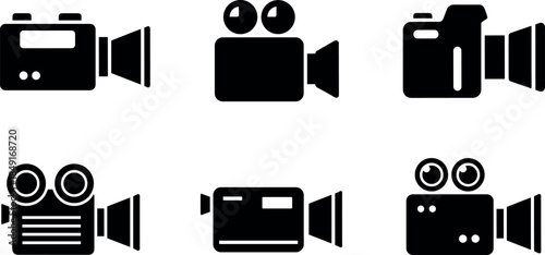 Set of black video camera and movie projector icons for film production multimedia technology or cinema industry website design,