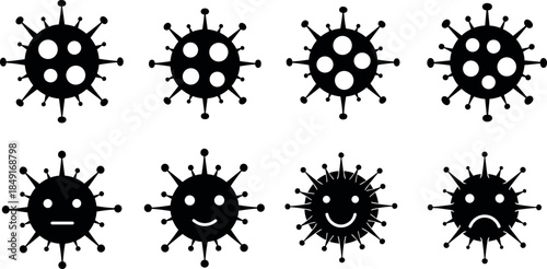Set of black virus and bacteria silhouettes with expressive emoji faces isolated on white background for healthcare science design
