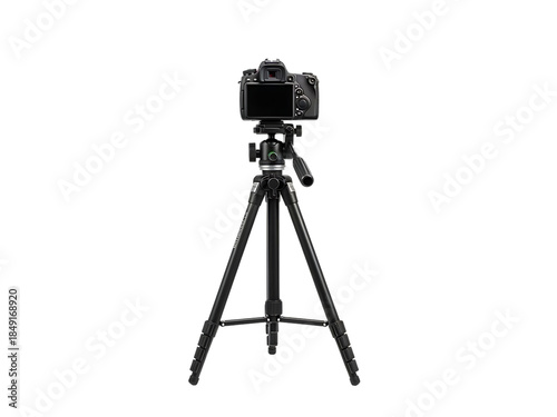 Black Camera Mounted on Tripod Stand.