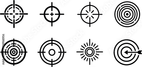 Set of eight black target and crosshair line icons for business goals marketing strategy or gaming user interface design,