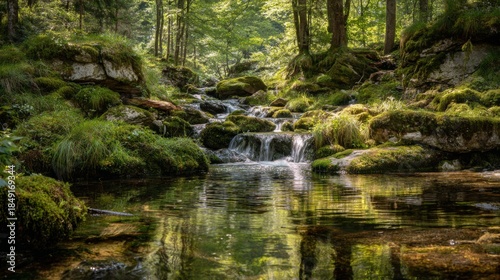 Serene Forest Stream Flowing Over Mossy Rocks Surrounded by Lush Green Trees Under Bright Sunlight Creating a Tranquil Nature Scene