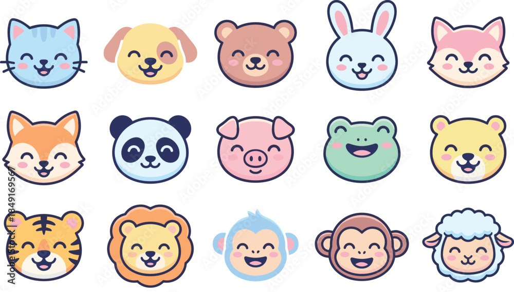 Obraz premium Cute kawaii animal face icons set, smiling cartoon pets and wildlife characters, colorful flat vector illustration for kids, stickers, apps