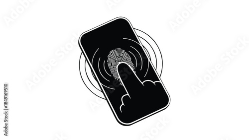Black smartphone screen with finger touching app icon on white background, mobile technology concept with gray waves