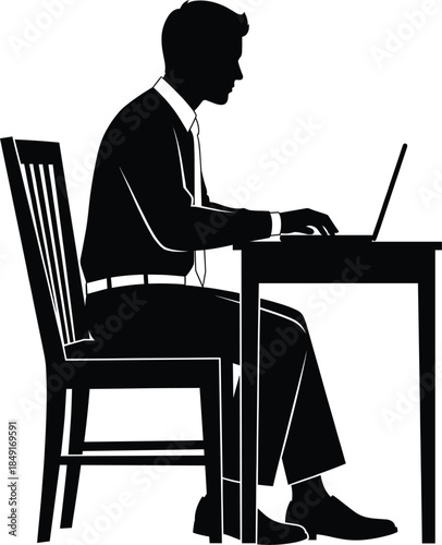 Black silhouette of a professional businessman sitting at a desk working on a laptop computer for corporate office productivity and remote freelancer work concepts isolated on white background