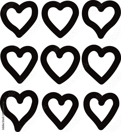 Nine black heart shapes arranged in a grid a striking silhouette