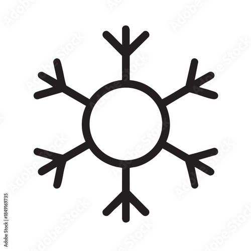 A simple black and white illustration depicts a stylized snowflake with six branches extending from its center
