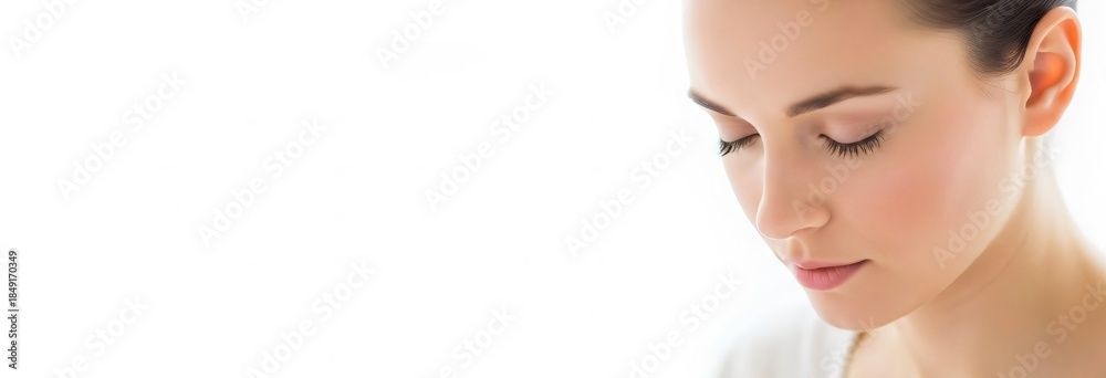 Naklejka premium Beautiful brunette woman with closed eyes breathing deeply in light clean setting for wellbeing concept. Cloud Dancer Color of the Year 2026