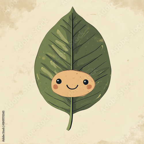 Cute smiling green leaf character in minimalist hand drawn style with subtle texture, friendly nature illustration on soft beige background