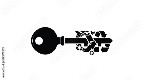 Black key with green leafy sprout growing out of it, symbolizing eco-friendly solutions and sustainability in a natural setting