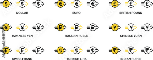 Currency exchange icons dollar euro pound yen ruble yuan franc lira rupee vector