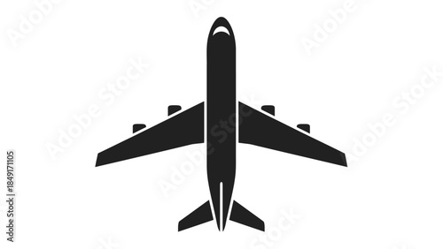 Minimalistic black silhouette of a commercial airplane viewed from above with detailed wings and