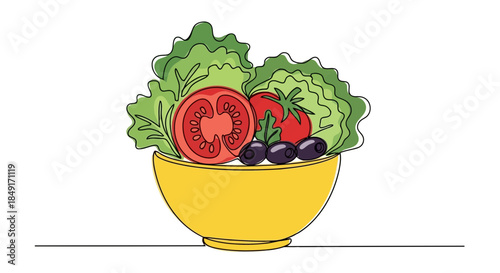 Fresh garden salad in a yellow bowl featuring crisp lettuce, ripe tomatoes, and olives Vector